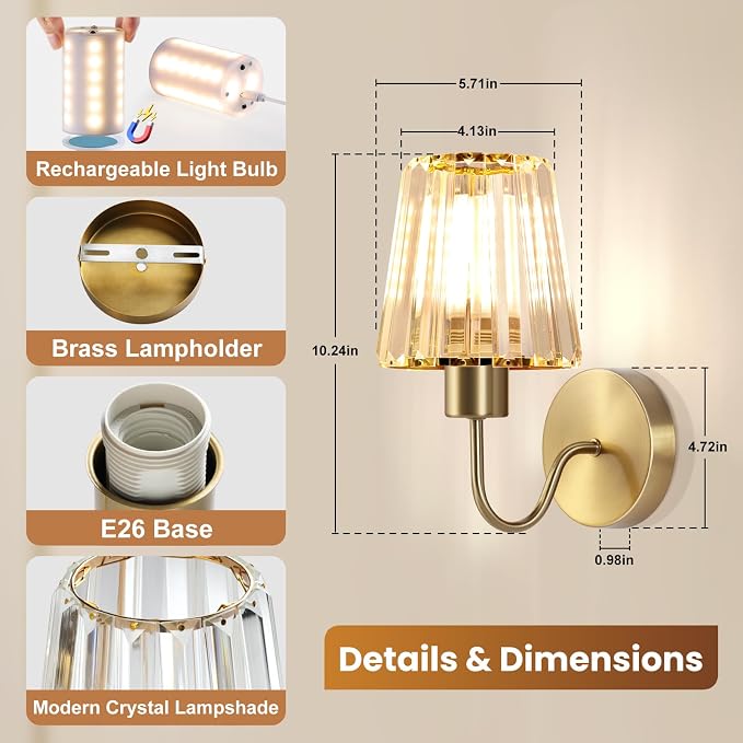 Wireless Sconces Wall Decor Set of 2 for Room Easy to Install | Rechargeable Battery Operated Light Bulbs 10000mAh Remote Control Timer Dimmable 15RGB Modern Gold Crystal Lampshade