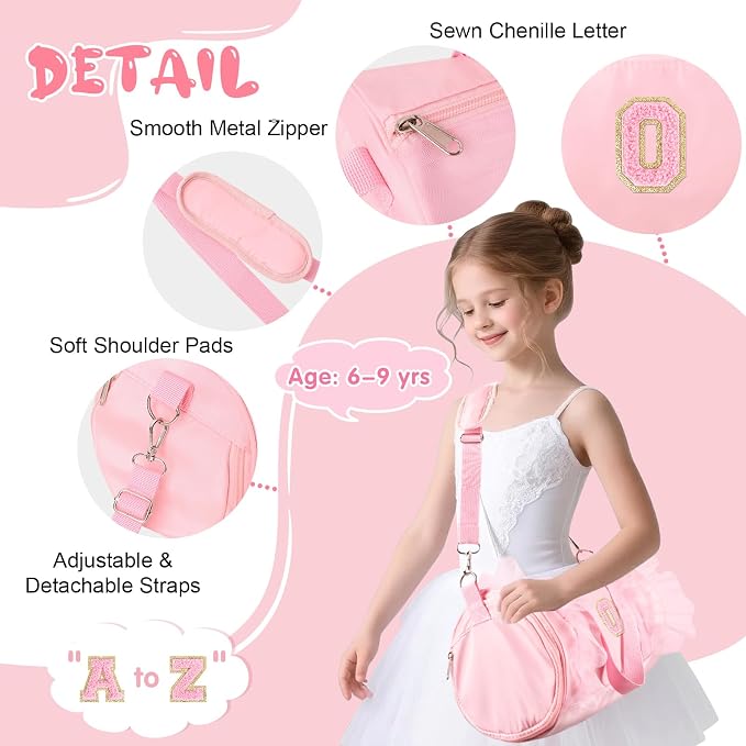 Personalized Initial Dance Bag for Girls 6-9, Medium Lace Gym Sport Yoga Cheer Dance Bags Gift for Teen Girls, Cute Letter Kids Ballet Bag Toddler Travel Duffel Tote with Adjustable Straps(Pink-O)