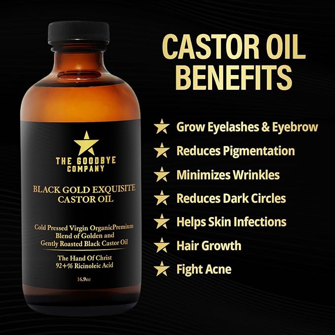 The Goodbye Company Black & Gold Castor Oil Blend – Cold-Pressed & Unrefined – Pure Hexane-Free Oil for Hair, Skin, Body, Eyelashes & Eyebrows
