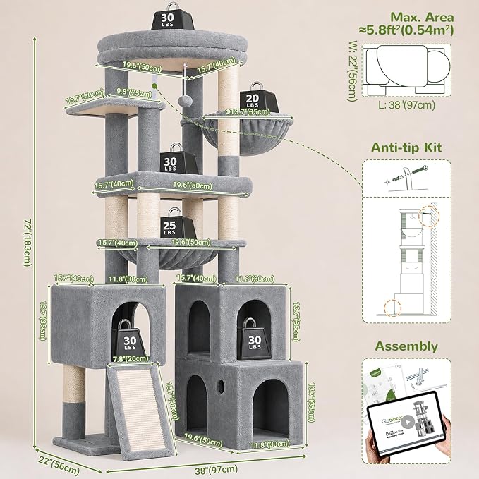 Globlazer Tall Cat Tower for Indoor Adult Cats, 72-inch, S72G, Light Grey | Heavy Duty Cat Tree House for Big Cats with 2 Extra-Large Padded Platform, 7 Sisal Scratching Posts, 3 Large Condos