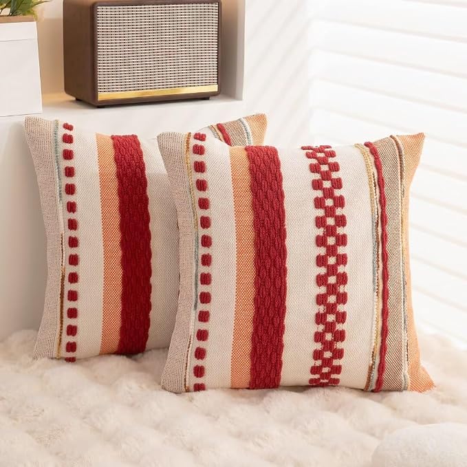 Boho Throw Pillow Covers Decorative Neutral Farmhouse Pillow case | 18x18 Set of 2 Cushion Case Striped Square Pillows Cover Couch Pillow Cases Accent Pillowcase for Sofa Bed,Red