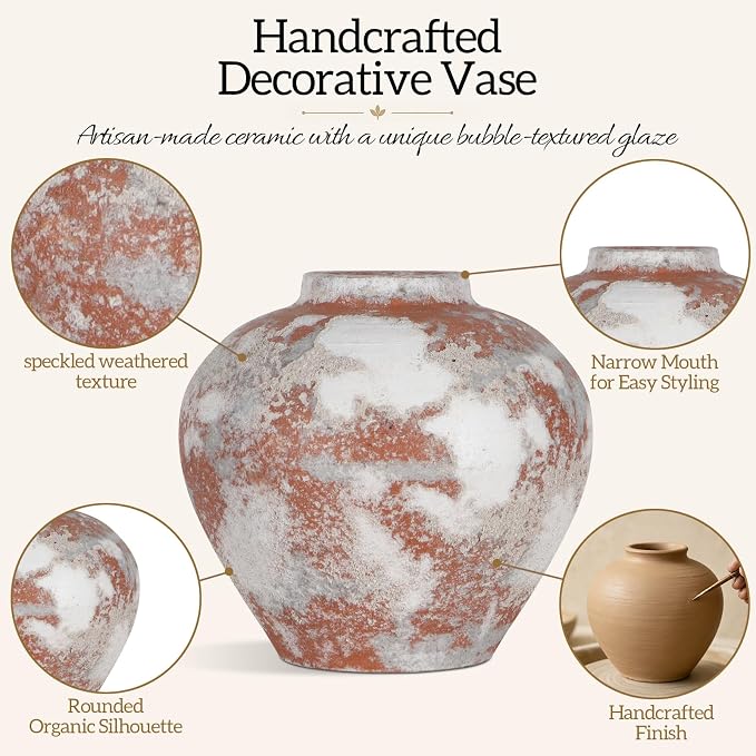 Ceramic Flower Vase Rustic Farmhouse Home Decor | 6.3 Inch Handcrafted Decorative Vase, Ideal Table Decor for Living Room, Wedding, Birthday Holiday