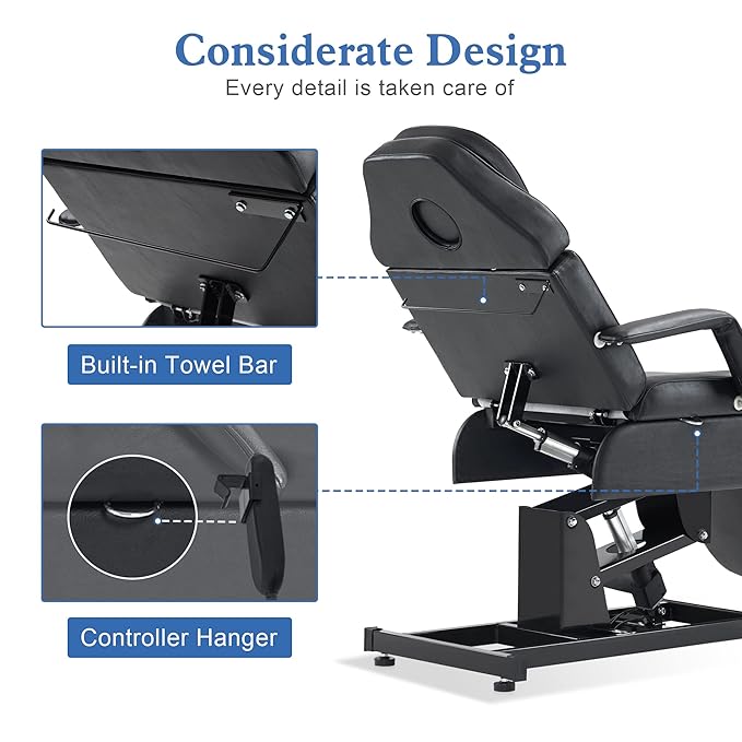 BarberPub Fully Electric Facial Bed with 3 Motor for Esthetician, Electric Tattoo Chair for Client, Facial Bed for Esthetician, Electric Adjustment 2751 (Black, Height (Flat): 24"–33")