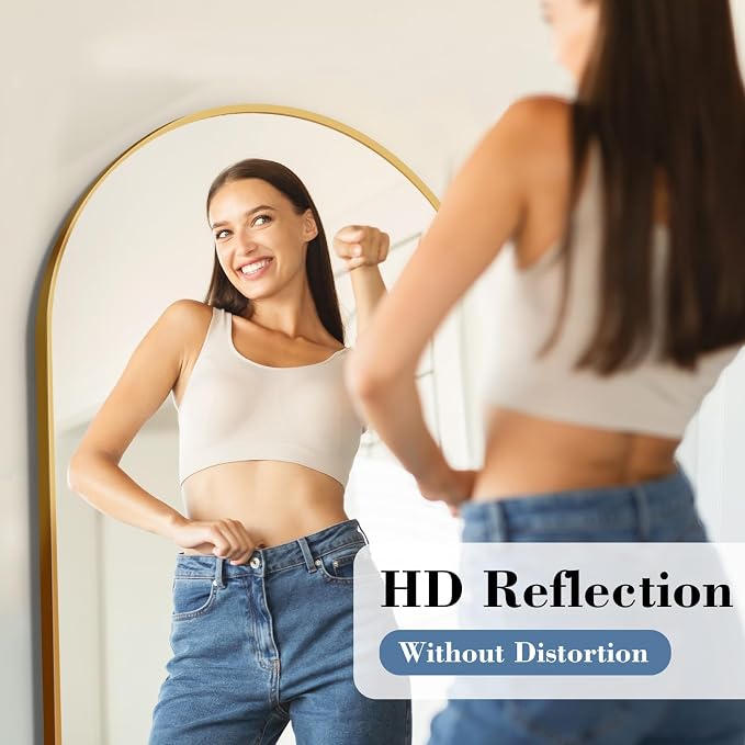 DUMOS 56"x15" Arched Full Length Mirror with Stand, Full Body Floor Mirror | Free Standing or Wall Mount, Nano Glass Aluminum Frame, Hanging or Leaning, Modern Simple Home Decor, Gold