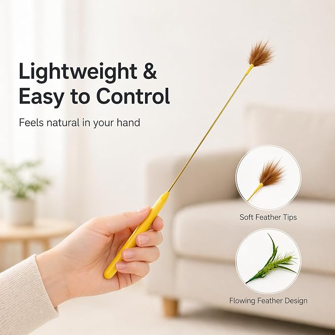 Mini Cat Wand Toy Set - Fast Motion Interactive Cat Teaser, Small Feather & Flowing Feather Tips, Flexible Wire Wand for Indoor Cats, Close-Range Play, 2 Pack
