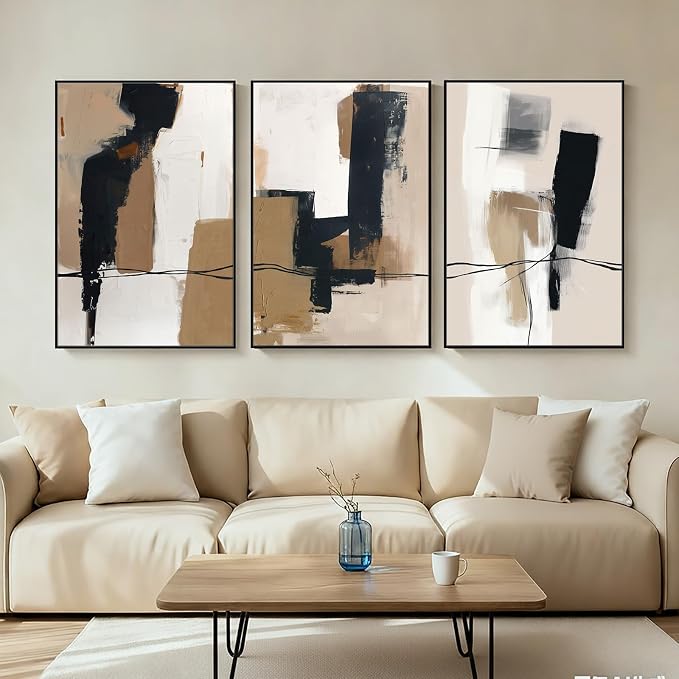 SAFERRYHOME Neutral Abstract Black and Tan Brown Wall Art Set of 3, 24"x36" | Black and Tan Brown Framed Canvas Print Set,Mid-Century Modern Brown Minimalist Shapes for Living Room Bedroom Office Hallway