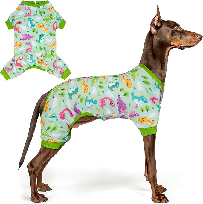 KYEESE Velvet Dog Pajamas for Large Dogs Soft Onesie Shirt, Dinosaursk | 4-Way Stretch, Lightweight & Breathable, Reduces Shedding, Gentle on Sensitive Skin, Recovery Support, Easy Potty Breaks
