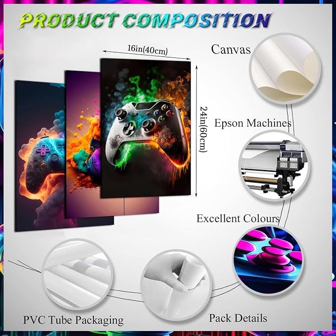 BGFCE Gaming Room Decor Wall Art, Video Theme Canvas Posters for Teen Boys Room, Unframed 16x24in Set of 3