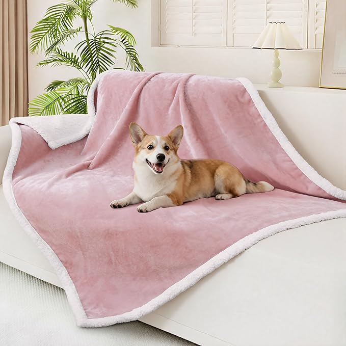 Smiry Waterproof Blanket Throw, Reversible Dog Blanket for Sofa Couch Bed | Soft Leakproof Sherpa Fleece, Washable Furniture Couch Protector for Large Dogs Cats, 50"x60", Pink/White