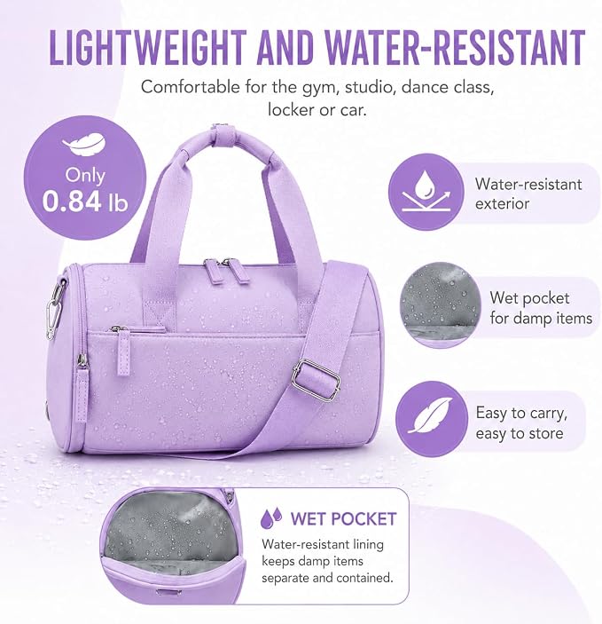 BTOOP Mini Gym Bag for Women, 12-Inch Small Duffle Bag with Wet Pocket and Coin Purse, Lightweight Water-Resistant Workout Bag for Yoga, Pilates, Dance and Travel (B-Purple)