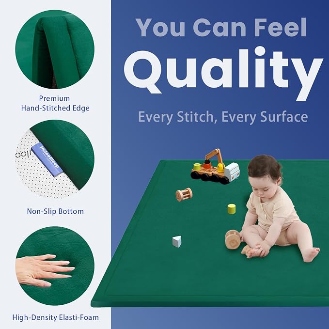 Baby Play Mat for Floor,1.3" Thick Memory foam Tummy Time Mat,Soft Coral Velvet Nursery Rug,Extra Large Non Slip Crawling Mat for Toddlers,Infants,kids,Yoga,Tatami Style for Living Room(Dark Green)