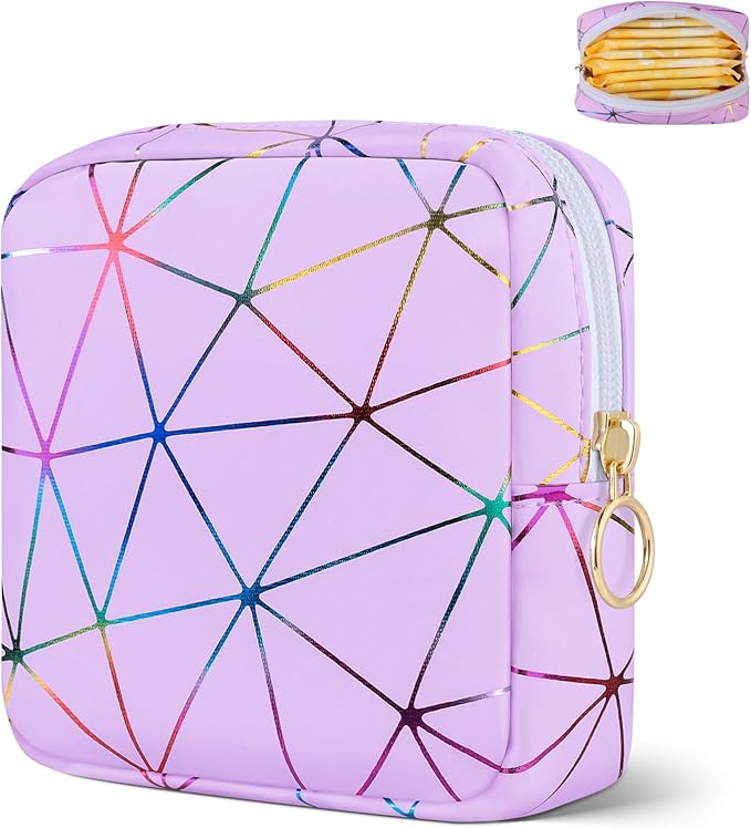 Likesing Period Bag for Tampon, Leather Sanitary Napkin Storage Bag for Girls Womens, Portable Sanitary Napkin Period Pad Pouch for Purse, Small Make Up Bags(Colorful Purple)