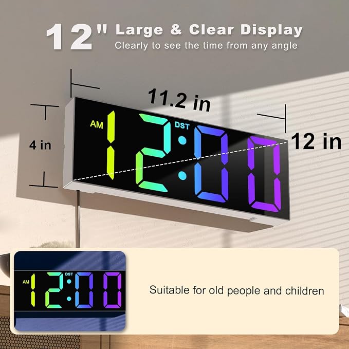 JALL Digital Wall Clock Large Display with Big LED Numbers, Remote Control, 8 RGB Colors, Auto DST, Night Light for Classroom Living Room Bedroom Birthday Gift for Senior(A White Shell, 12 inches)