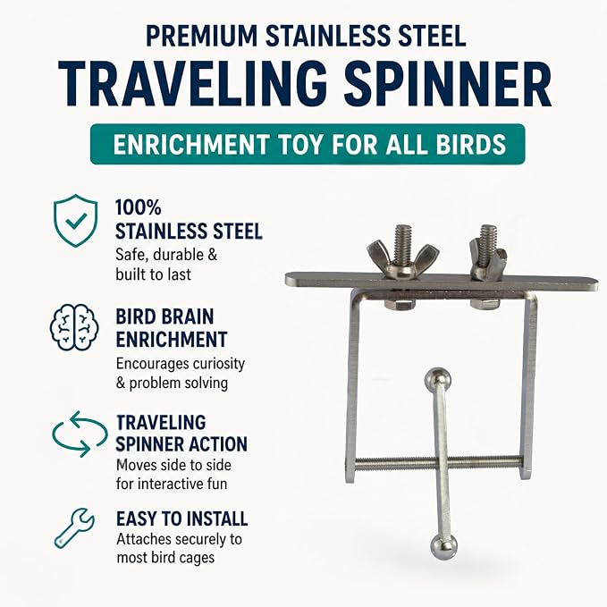 Bird Toys for Large Birds (Spinner) Stainless Steel Bird Toy with Traveling Spinner | Macaw Toys | Durable Puzzle Enrichment Toy for Medium to Large Birds Cockatoos Parrots | Bird Cage Accessories
