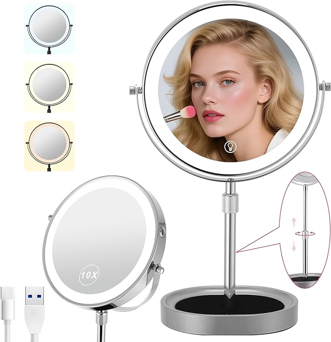 Rechargeable Adjustable-Height Lighted Vanity Mirror with 3 Color Lights, Touch Screen and Dimmable Settings 8-inch Dual-Sided 1X/10X and 360° Swivel Makeup Mirror with Jewelry Tray (Chrome)