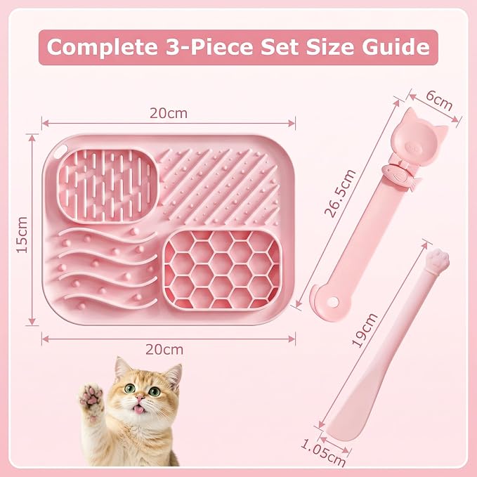 3 Piece Cat Slow Feeder Bowl Set, Silicone Lick Mat,Treat Dispenser with Long Handle Spoon, Non Slip Spill Proof for Indoor & Travel (Pink)