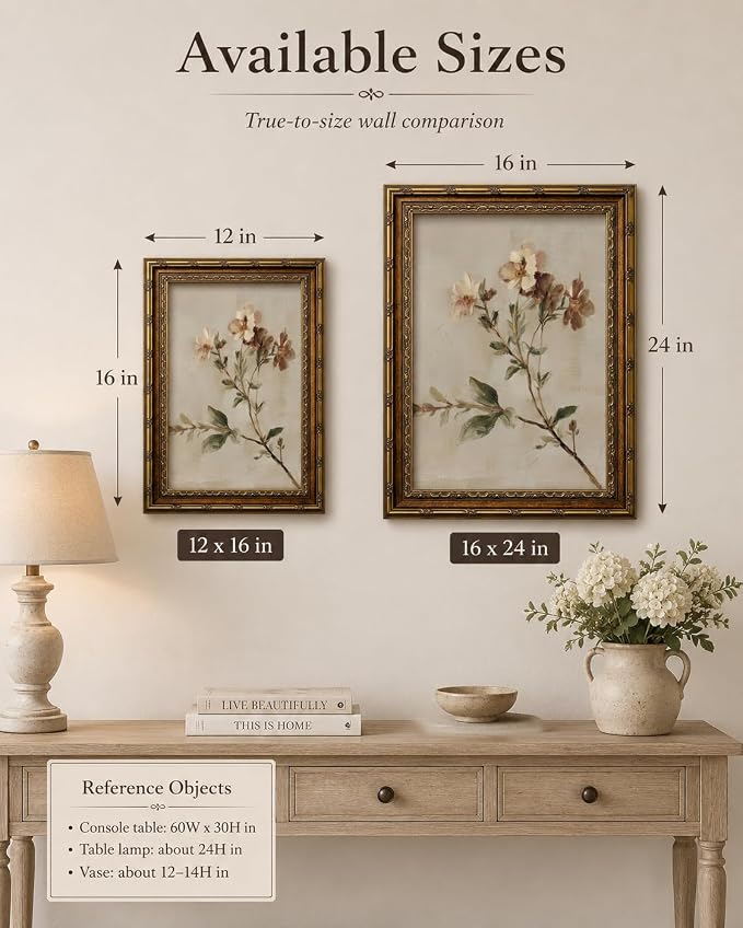 Wildflower Wall Art, Vintage Gold Framed Botanical Canvas, 12 x 16 in | Rustic farmhouse floral print for living room, bedroom, kitchen, hallway, cottagecore or country home decor.