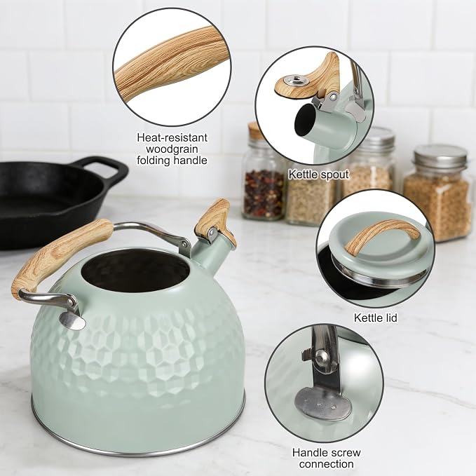 Stainless Steel Whistling Tea Kettle 3 L Tea Kettle Stovetop Teapot Hot Water Kettle w Whistle Spout, Fast Boiling Electric Kettle Stove Top Food Grade Coffee Milk Kettle Pot Folding Handle -Green