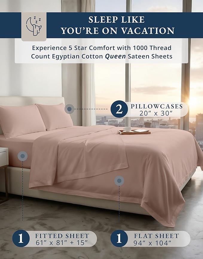 LANE LINEN Luxury 100% Egyptian Cotton Bed Sheets Twin Size - 1000 Thread Count, Fully Elasticized Reinforced 15" Extra Deep Pocket Twin Sheets, Soft & Comfy Sateen Weave for Silky Finish-Sepia Rose