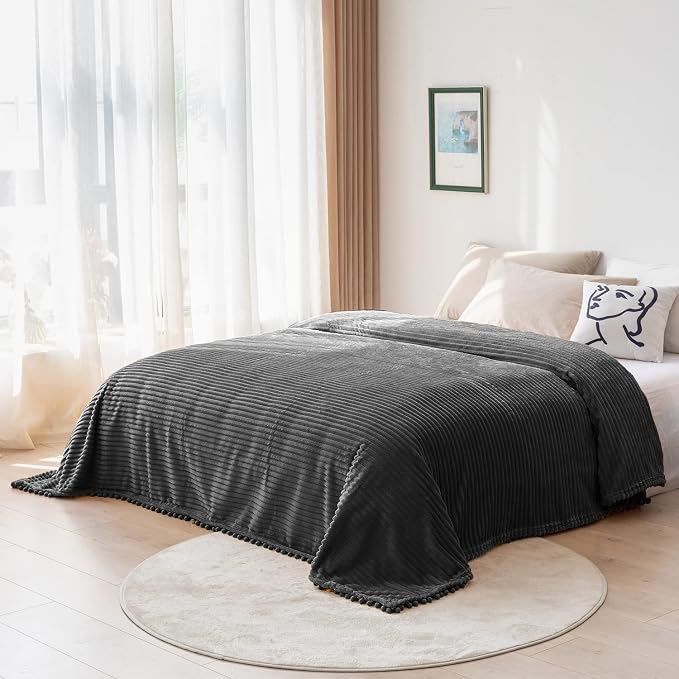 DISSA Fleece Blanket Twin Size – 60x80, Dark Grey – Soft, Plush, Fluffy, Fuzzy, Warm, Cozy – Perfect Throw for Couch, Bed, Sofa - with Pompom Fringe - Flannel Blanket Throw Blanket