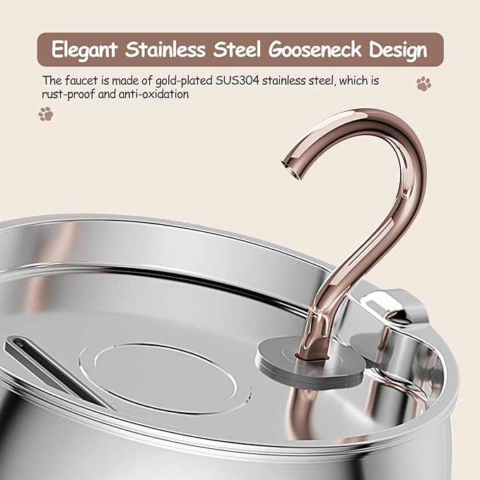 2.5L/84oz Gooseneck Cat Water Fountain Stainless Steel Ultra-Quiet | Kitty Spout Cat Fountain for Drinking, Pet Water Fountain for Cats Inside with 6 Replacement Filters & 6 Pre-Filter Sponges