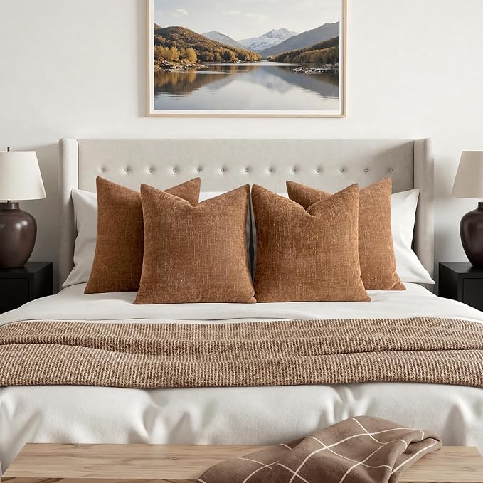 MIULEE Pack of 4 Fall Decorative Throw Pillow Covers 18x18 Inch Chenille Textured Throw Pillows Boho Farmhouse Rustic Cushion Covers Vintage Home Decor for Couch Sofa Bed Living Room，Camel