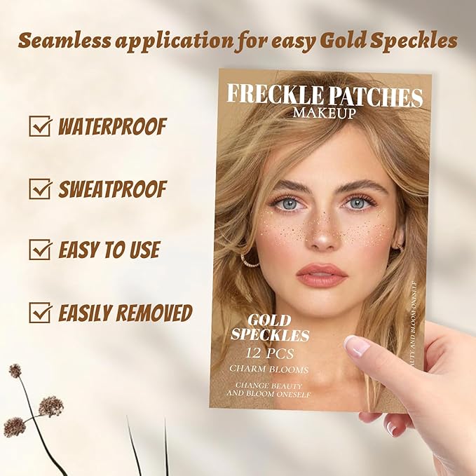 GOLD Glitter Freckles Makeup Patches, 12PCS Speckles Face Tattoos Sticker Set, Temporary Face Sparkle Sticker Makeup Accessories for Women Girl, Lasting & Waterproof