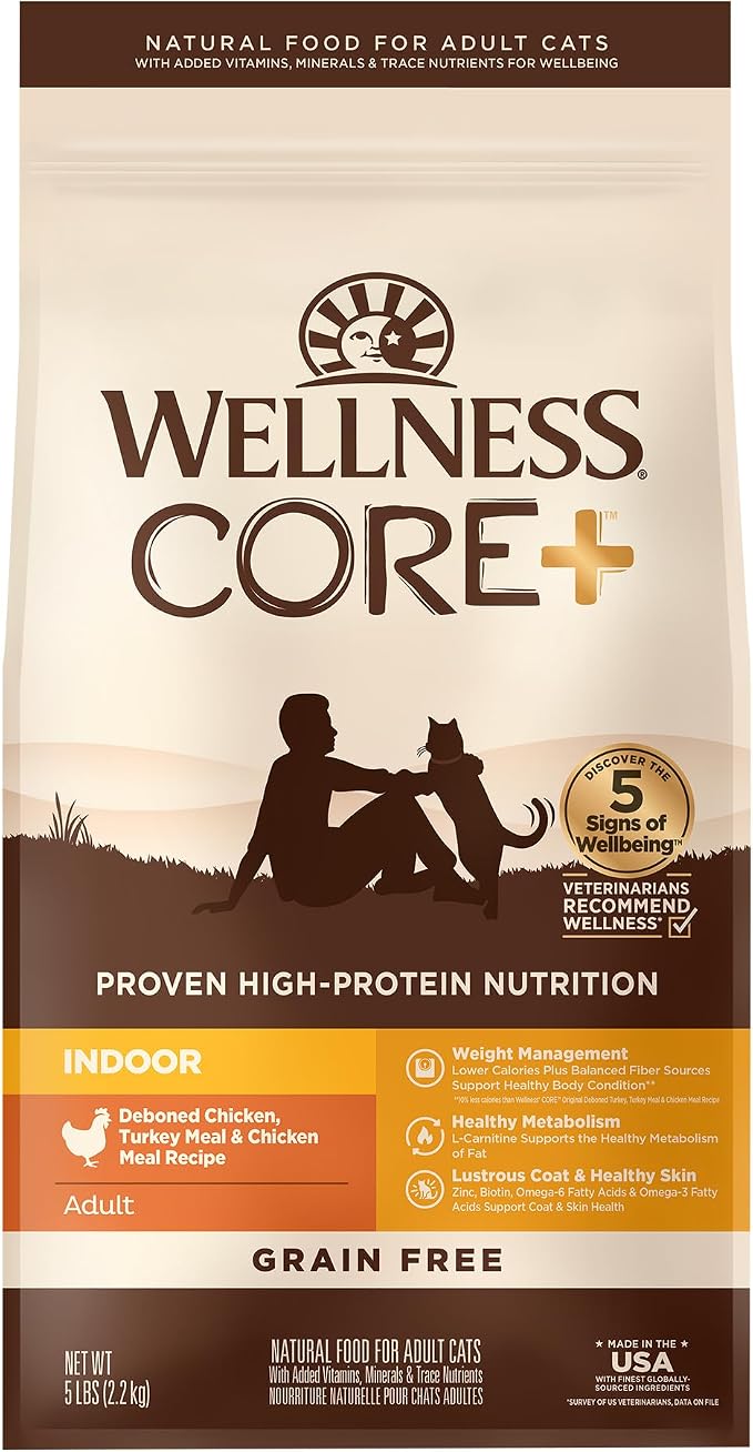 Wellness CORE+ Adult Dry Cat Food for Indoor Cats, Natural, Grain Free Kibble, Chicken, Turkey and Chicken Meal Recipe, 5 lb Bag