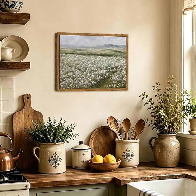 Framed Vintage Landscape Wall Art, Country Wildflower Field Pictures Wall Decor, Rustic Nature Flower Paintings Canvas Prints Farmhouse Home Decor for Living Room Bedroom Bathroom 12x16 inch