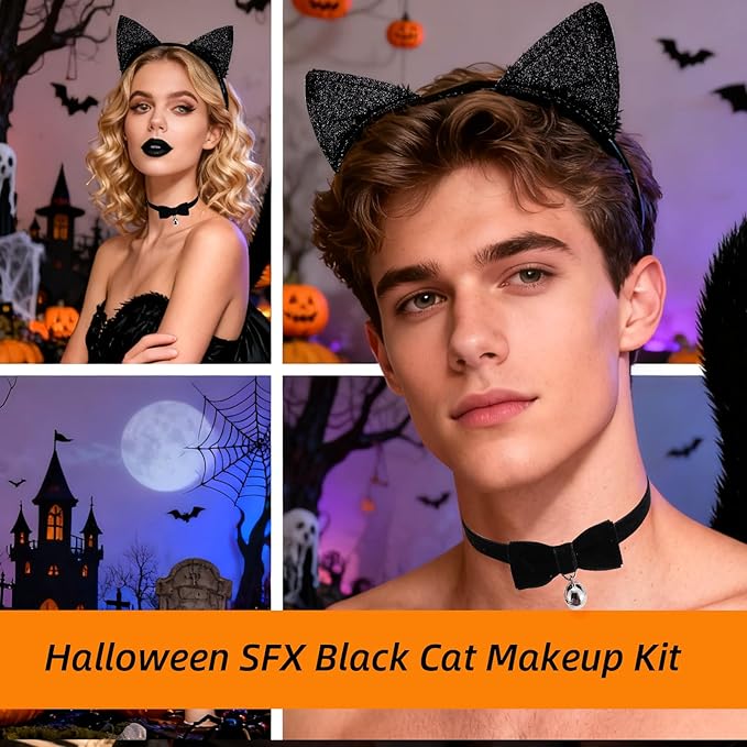 Halloween Black Cat Makeup Kit, Ears Headband, Black Lipstick, Eyeliner, Tail, and Bell Collar, Costume Accessories for Cosplay Party SFX Makeup