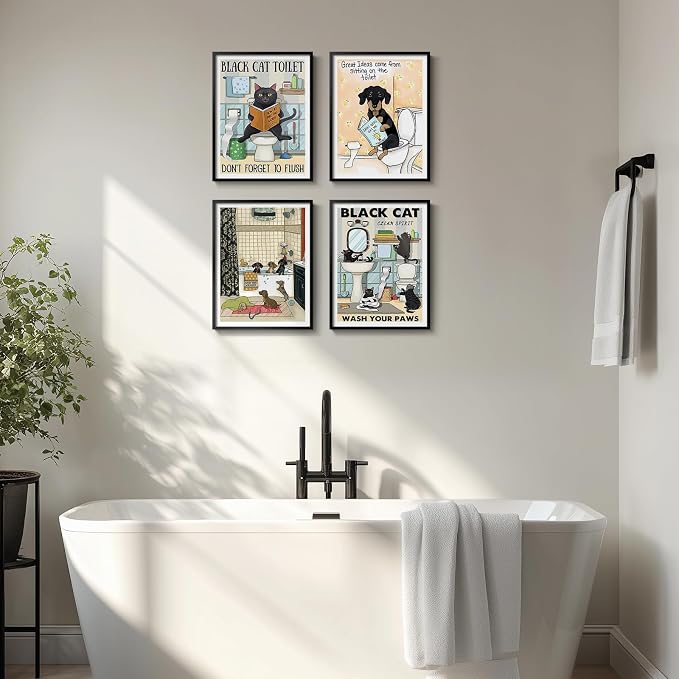 Framed Funny Bathroom Wall Art Decor, 4 Piece Cute Black Cat Dog Canvas Painting Prints, Animal Sitting in Bathtub on Toilet Reading Book Pictures for Kids Bathroom Restroom Wall Decor, 11x14 Inch