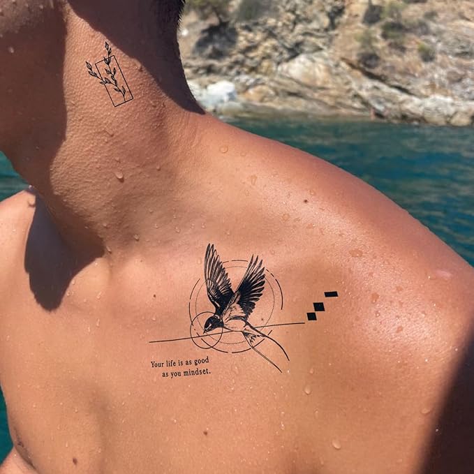 Semi Permanent Tattoos, 2 Sheets Large Realistic Crown Weight Quotes Wings & Hummingbird Temporary Tattoos for Men Back Chest Women Arms Calf, 2 Weeks Fake Tattoos, Waterproof and Non-Reflective