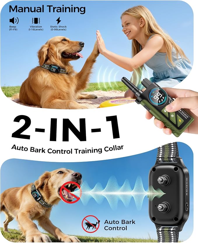 ROJECO 2-in-1 Dog Shock Collar & Dog Bark Collar,Smart Anti-Barking | 3300FT Remote/IPX7 Waterproof/Beep,Vibration,Shock Modes/LED Light/TypeC Rechargeable/for Small Medium Large Dogs/Green