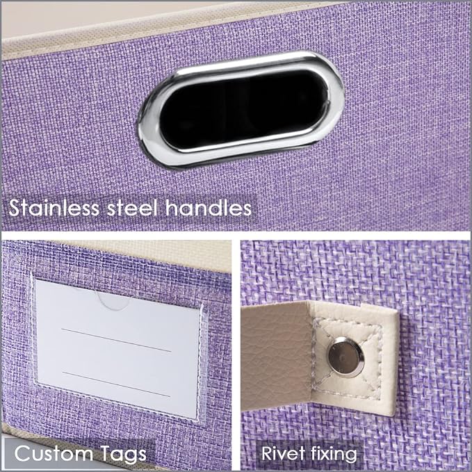 Collapsible Storage Bin with Lid [3-Pack] Fabric Foldable Storage Box Organizer Container Basket Cube with Cover for Home Bedroom Closet Office Nursery Purple&Cream(14.9x9.8x9.8)