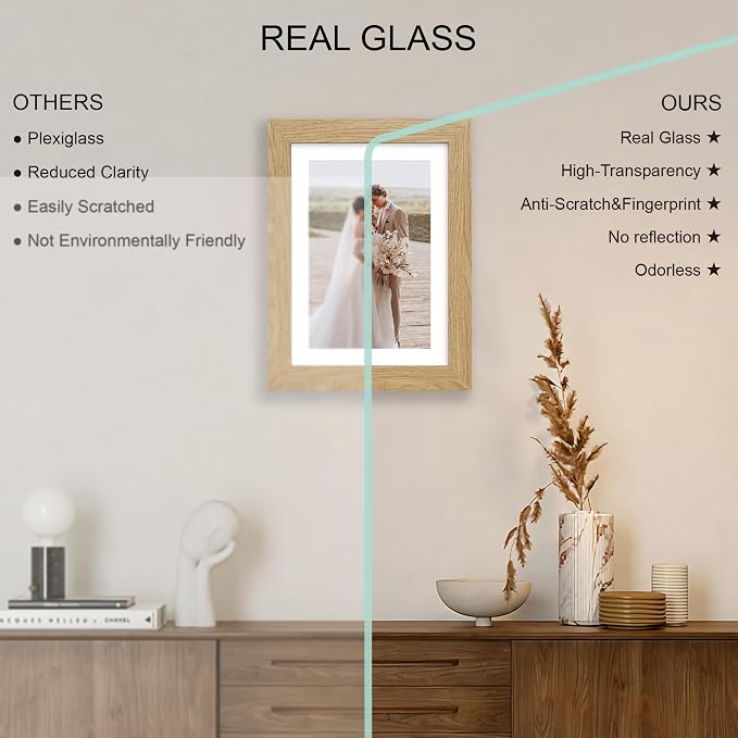Hongkee 7x10 Picture Frame Set of 4, Made of Real Glass and Natural Oak Frame - Display 5.5 x 8.5 Diploma Frame with Mat or 7x10 Without Mat, 7 by 10 Photo for Wall or Tabletop