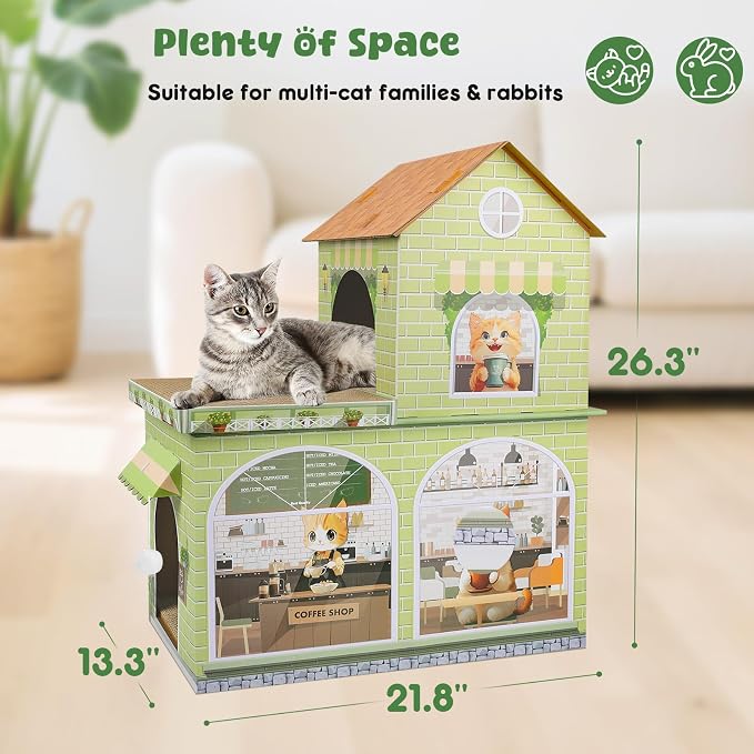 Cardboard Cat Houses for Indoor Cats Kitten Scratcher Houses Cafe Themed | Cat Condos Hut Hideout Play House Bed with Scratching Pads, Scratch Box for Large Kitty Rabbit Bunny Small Animals
