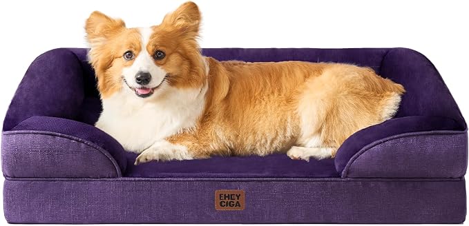 EHEYCIGA Orthopedic Dog Beds Large Sized Dog, Waterproof Washable Pet Bed | Non-Slip Bottom and Egg-Crate Memory Foam Dog Couch Bed with Washable Removable Cover, Purple