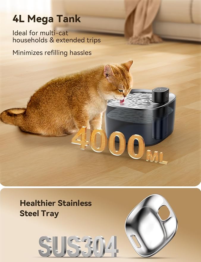 FEELNEEDY Wireless Cat Water Fountain, No Pump for Easy Cleaning, 4000mAh Detachable & Rechargeable Battery, Motion Sensor with Low Water & Power Alerts - Includes 6 Filters (4L/135oz)