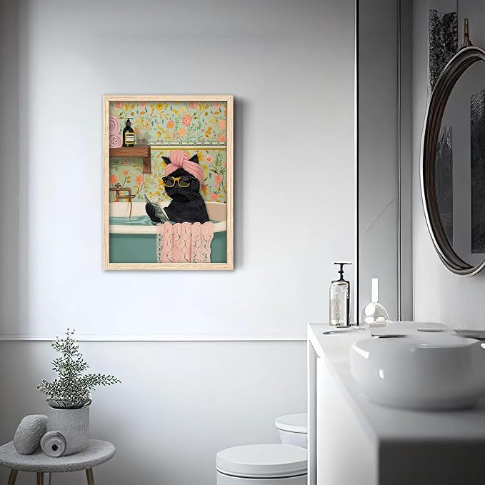 ICHZUMW Framed Funny Black Cat in Bathtub Canvas Bathroom Wall Art 12x16 In | Humorous Cat Wearing Sunglasses Reading Book, Girly Pink Dopamine Bathroom Wall Decor, Restroom Powder Room, Ready to Hang