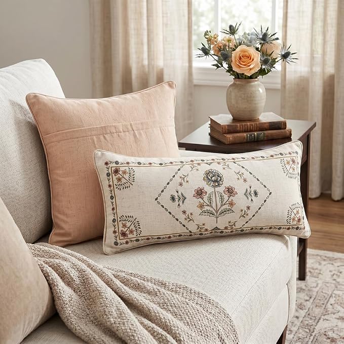 Designer Vintage Linen Throw Pillow Cover,28"x12"-Cornucopia B | Elegant French Rectangle Pillow Cover,Concealed Zipper Design,Floral Pattern,Sofas,Bedroom,Living Room,Lounge Chairs