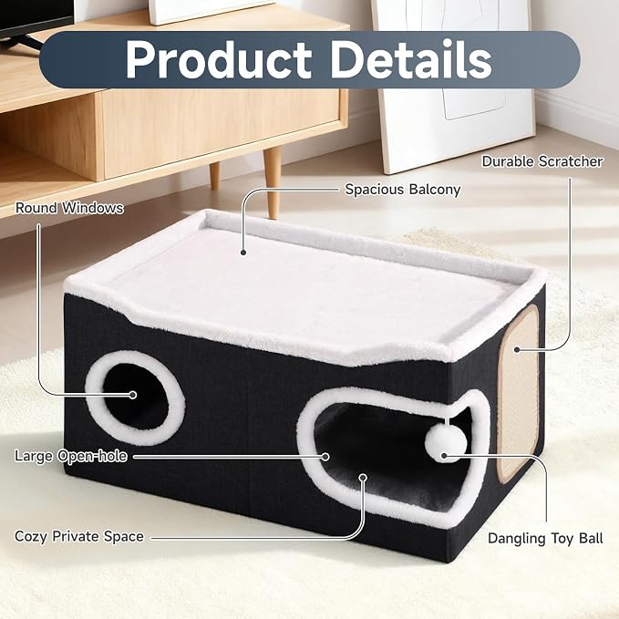 Shikha Extra Large Cat House Bed for Multi Cats with Scratch Pad Black | 24 x 17.7 x 12.6 IN Widen Cat Cave Cube for Multi Pets, Foldable, Arc-Edge Design, Oval Door, All Seasons Reversible Cushion
