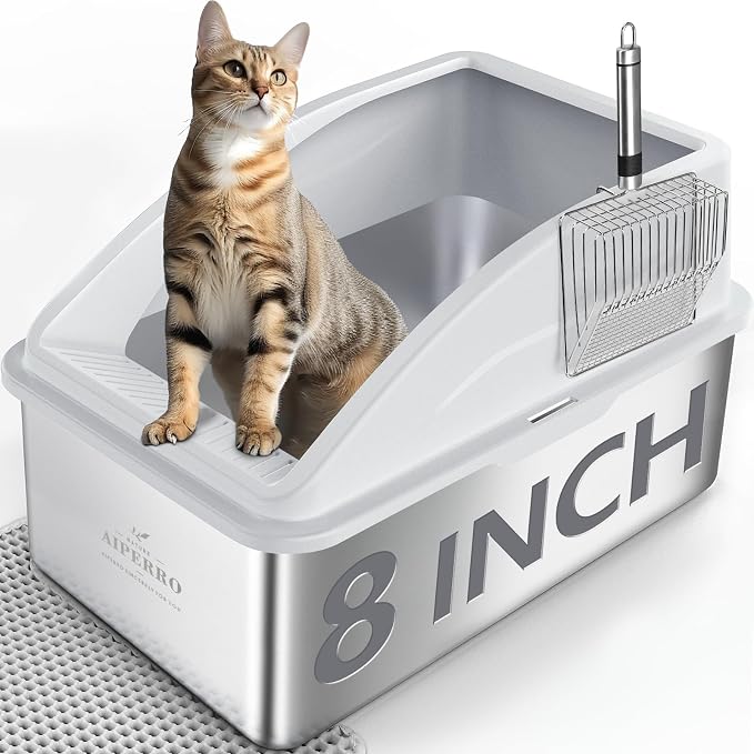 AIPERRO Stainless Steel Litter Box | XXL Deepened 8" Design Metal Cat Box | High Sided with Lid for Big Cats | Anti-Urine Leakage | Non-Stick Bottom & Easy to Clean | Includes Litter Mat & Metal Scoop