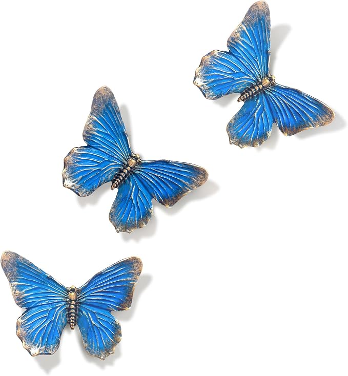 GUSFREUD 3D Butterfly Wall Decor Set – Resin Wall Decor for Living Room, Bedroom, Bathroom, Dining Room, Outdoor and Gallery Walls - Antique Blue - Set of 3