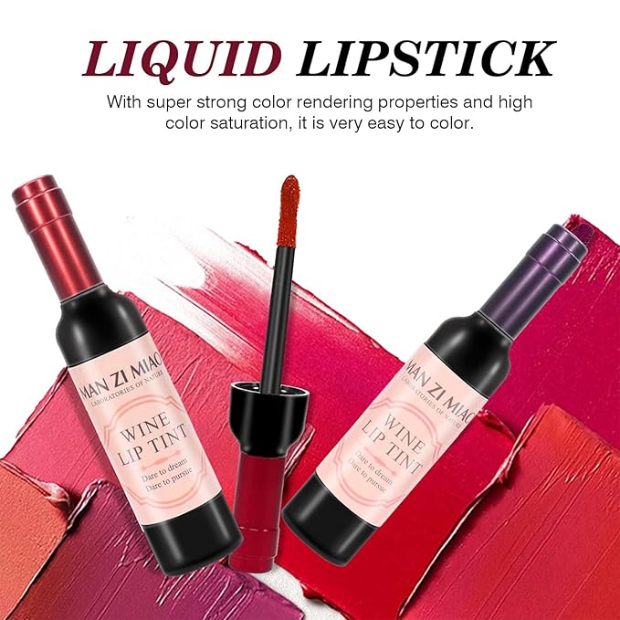 Wine Lip Tint 6 Colors, Waterproof Matte Long Lasting Lip Stain 24 hour, Non-stick Matte Liquid Lipstick, 6 Pcs Wine Bottle Lip Tint Stain, Mini Makeup Christmas Gift Sets for Girlfriends, Women, Moms