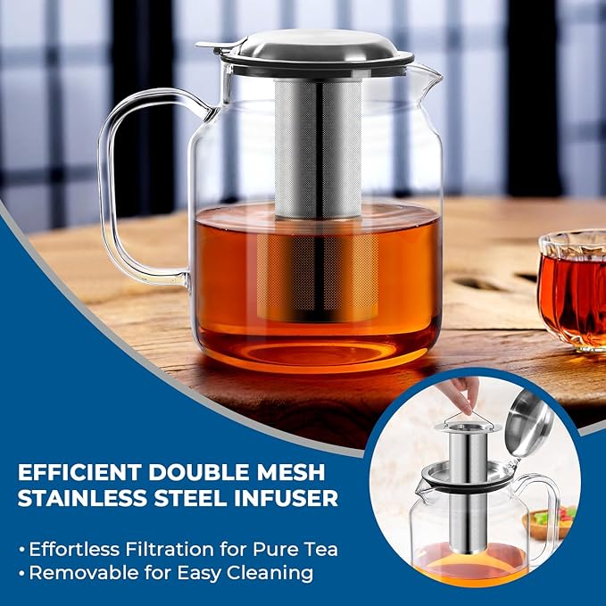 Aquach 68oz Glass Teapot with Infuser, Stovetop Safe Borosilicate Tea Pot | Dishwasher Safe, Plastic-free, Serves 3-5 People, Precise Loose Leaf Filter, Easy-clean