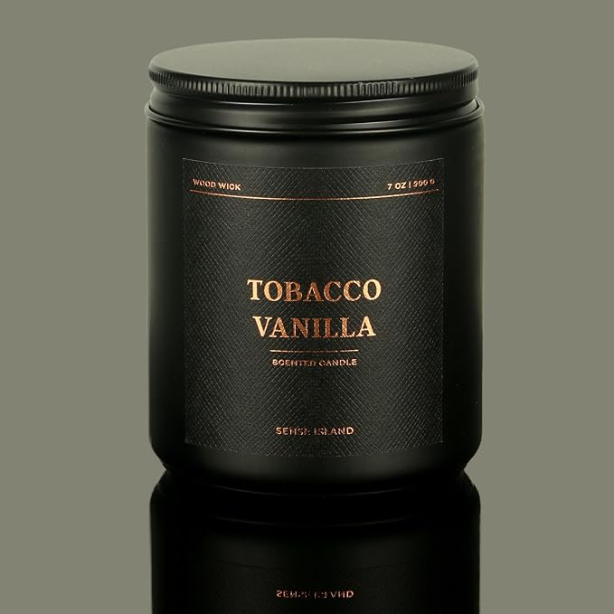 Tobacco Vanilla Crackling Wood Wick Candle for Men, Strong Masculine Scent, 100% Soy, 50-Hour Burn, Luxury Black Jar with Gold Text Scented Candle with Crackle Wooden Wick for Home, Office, Gifts