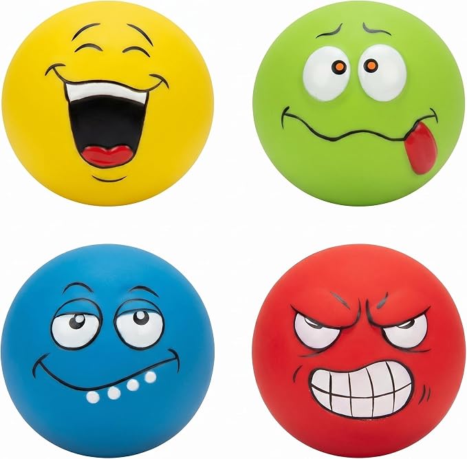 Squeaky Dog Toys, Funny Face Latex Rubber Interactive Dog Balls, Soft Chew Fetch Play Toys for Puppy Small Medium Dogs, 4PCS