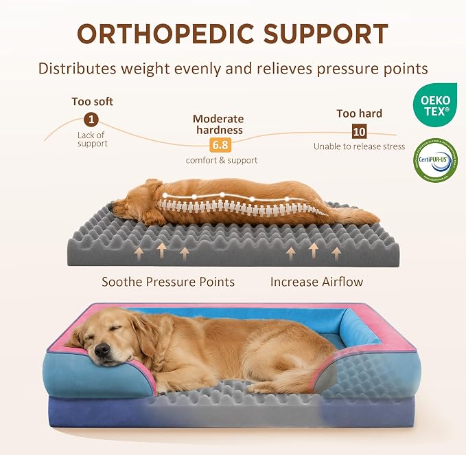 Comfort Expression Orthopedic Dog Bed for Extra Large Dogs with Bolster | Waterproof Dog Couch Bed with Washable Cover & Non-Slip Bottom, Supportive Egg Crate Foam XL Pet Bed, 42x30 Inch