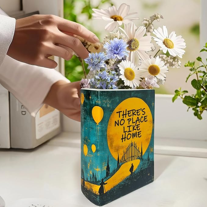LIFFY Book Vase for Flowers, Ceramic Flower Vase Bookshelf Decor, Unique Book Shape Decration Vase Bookend Gift for Book Lovers(Teal Blue, Wizard of Oz)