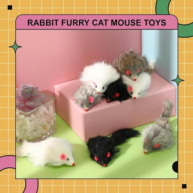 Hungdao 12 Pcs Fur Mice Cat Toys with Rattle Sound, White, Black, Gray